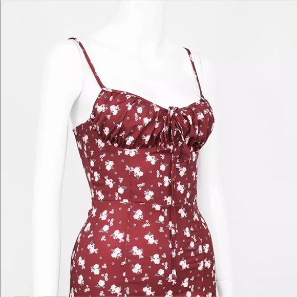 Red wine floral slit summer beach dress - Picture 9 of 15